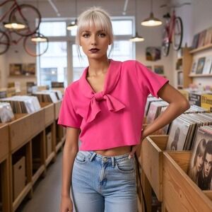 Vintage 1950s Pink Bow Sweater Large Cropped Boxy Knit Top